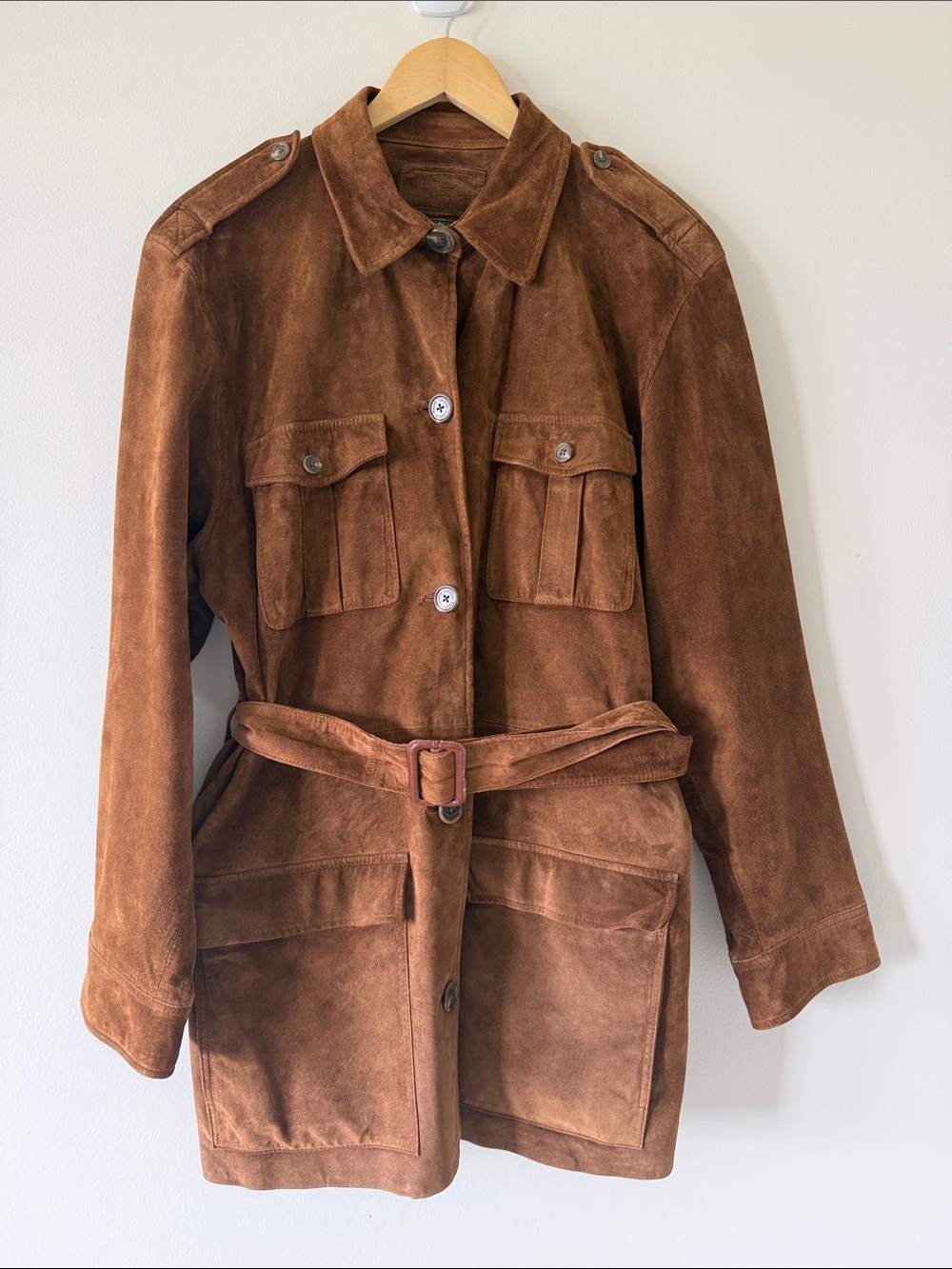 Lauren Ralph Lauren Suede Safari Jacket Belted Brown Cognac Utility Coat Size L - Picture 2 of 11